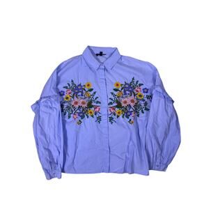 Cottagecore Floral Embroidered Blouse Blue Collared Puffy Sleeve Womens Small/4